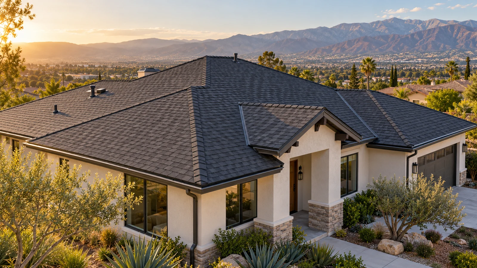 Illustrative charcoal shingle roof on a Southern California home